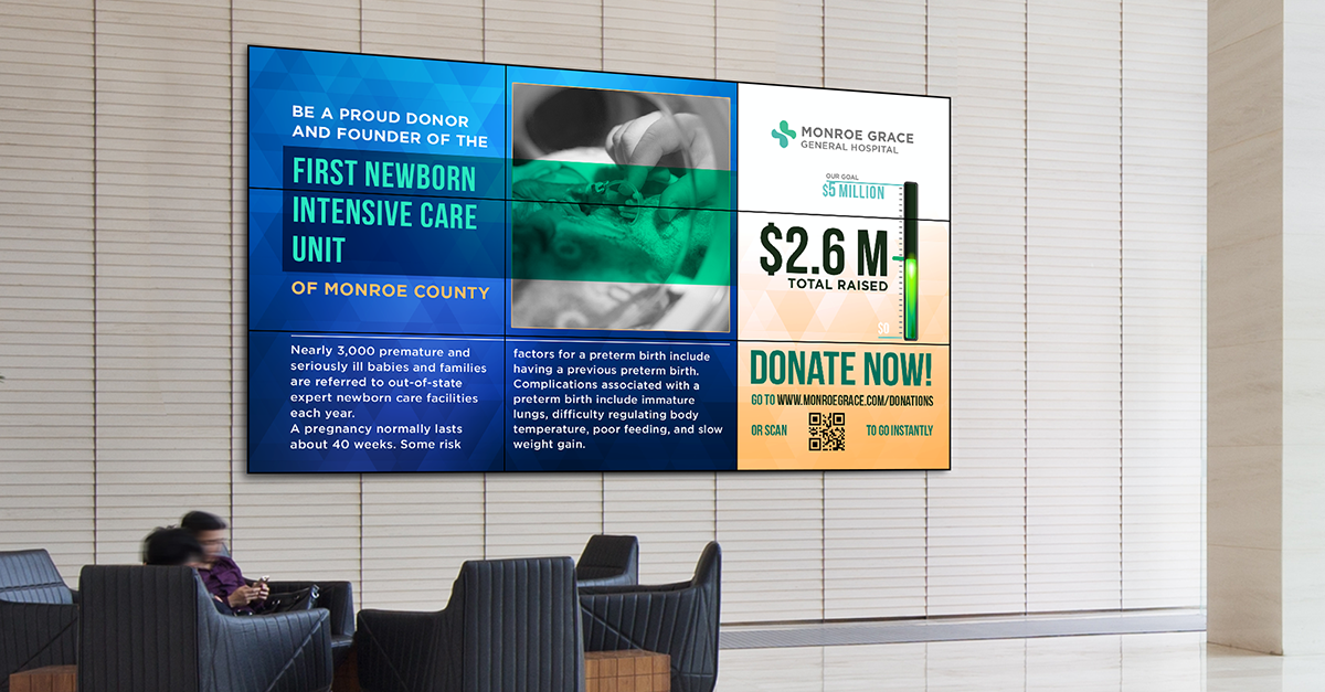 A donor wall featuring an update on the Monroe Grace General Hospital’s fundraising campaign.